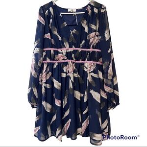 ENTRO large womens feather print ruched empire waist with lavender velvet trim